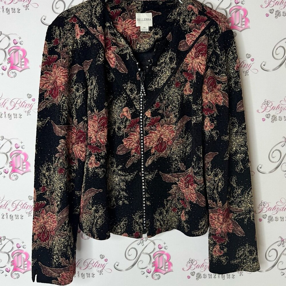 Bellessa blazer zip up rhinestone zipper bling  Black Floral sweater top